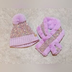 Purple & pastel rainbow sequins faux fur girl's winter hat & scarf set